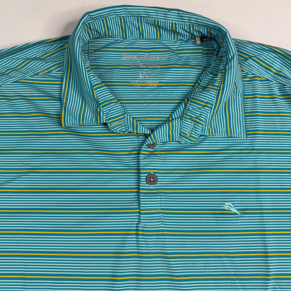 Tommy Bahama Polo Shirt Mens Large‎ Teal Striped IslandZone Performance Golf